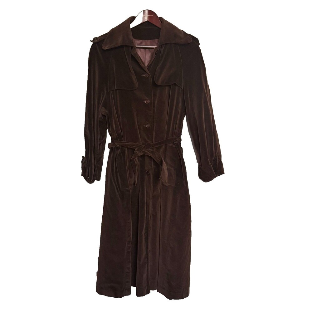 Vintage 1980s Velvet Trench Coat Women’s 14 Brown Belted Longline Luxe Mob Wife
